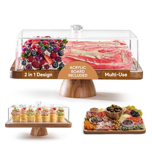 HOMESPHERE Acacia Wood Valentine Cake Stand with Lid - Rectangle Holder for Valentine's Baking, 2-in-1 Dessert Display & Charcuterie Board, Valentine's Day Serving Platter, Acrylic Dome Cover