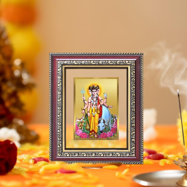 Image of DIVINITI Dattatreya with Kamadhenu 24K Gold Plated Foil Wall and Tabletop Photo Frame for Home Decor, Puja Room, Luxury Gifting | DG Frame 105 S1 (16x13.5 CM)