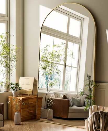 GLSLAND-34x76 inch Wall Mount Arched Full Length Mirror-Aluminum Alloy Frame High Definition-Full Body Mirror for Bedroom or Living Room,Gold