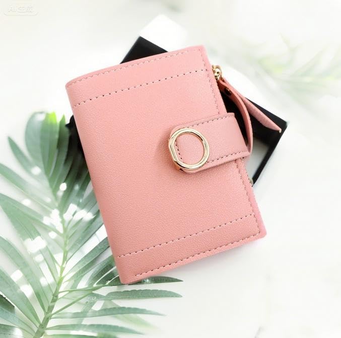Ladies Short Small Money Purse Wallet Women PU Leather Folding Coin Card Holder (Pink)2