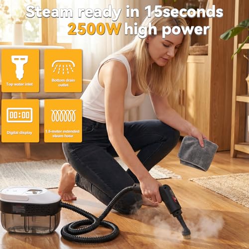 Image of 2500W Portable Handheld Steam Cleaner, 54oz Large Water Tank, 3-Level Adjustable Handle, 15s Fast Heating Steam Steamer with 20 Pcs Accessories, Plug-and-Play Design for Home Kitchen Car Cleaning