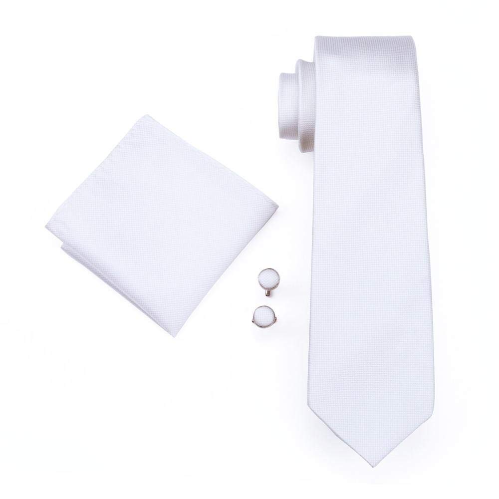 Cravate en soie blanche 100% tissée jacquard ensemble boutons de manchette et hanky homme