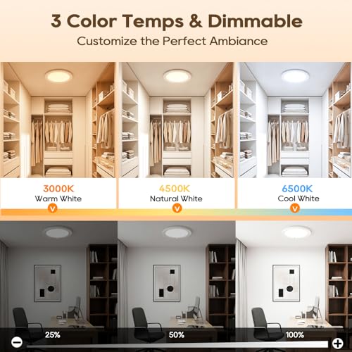 Image of 2 Pack Rechargeable Motion Sensor Ceiling Light, 8000mAh Battery Operated Ceiling Lights with Remote, Magnetic Wireless Closet Light, 3 Color Dimmable LED Lights for Closet Shower Pantry Hallway