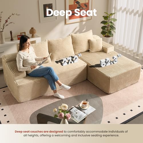 Image of ovios 96 inch Cloud Sectional Couch with L-Shape Chaise,Modern Modular Sofa with Deep Seat, Upholstered Couches for Living Room Bedroom,No Assembly Required, Beige (Plush Corduroy Fabric)