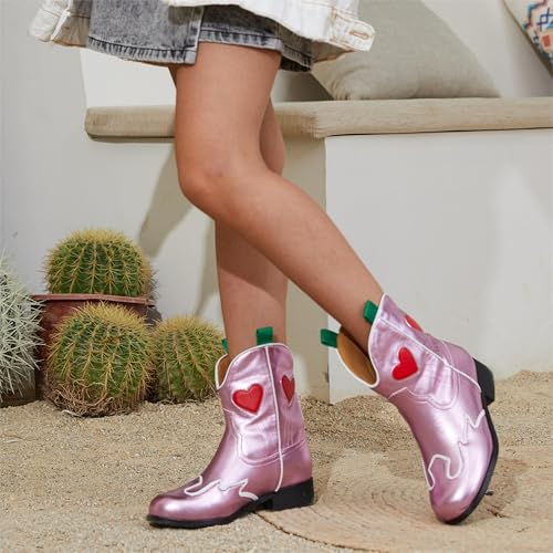 Kids Cowboy Boots Girls Mid Calf Cowgirl Western Boots Round Toe Pull on Splicing Riding Shoes for Little Kid/Big Kid2
