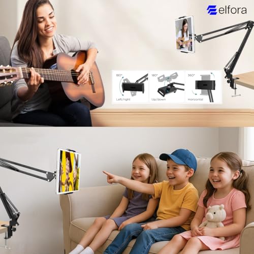 Image of Elfora 360 Rotating Overhead Tablet Tripod Holder for Tabletop | Adjustable Long Arm Clamp Holder for Crafting, Online Class, Cooking Videos & Streaming | Compatible Upto 4-10.6 Inch Tablets (Black)