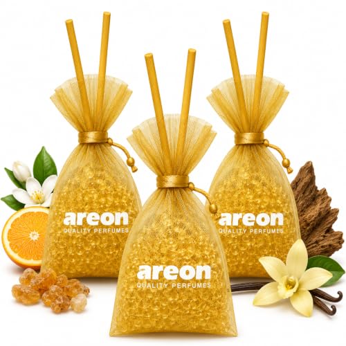 Image of AREON Pearls Lux Gold Car & Home Air Freshener - Premium Quality Perfume Fragrance Beads - Long Lasting Odour Eliminator for Car, Home, Office & Small Spaces - Gold Scent - Pack of 3