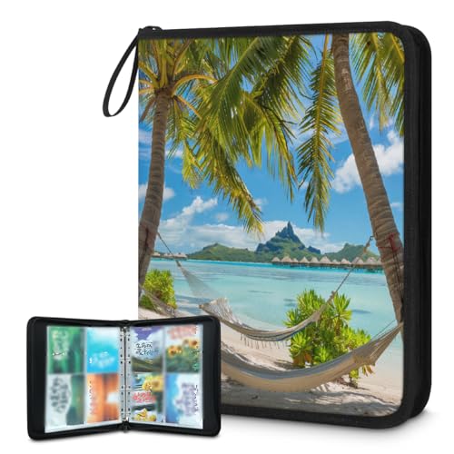 Trading Card Binder 4-Pockets, 400 Pockets Double-Sided Card Storage Bag with Removable Sleeves, Ocean Beach Palm Trees Tropical Island Seaside Card Holder Album Protectors Set for Collectors