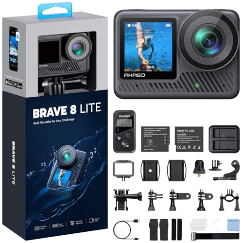 AKASO Brave 8 Lite 4K60 Action Camera - 33ft Waterproof Underwater Camera, 48MP Photo, Ultra HD Video, HDR, Touch Screen, 5G WiFi, SuperSmooth Stabilization, 8X Slow Motion with Helmet Accessories Kit