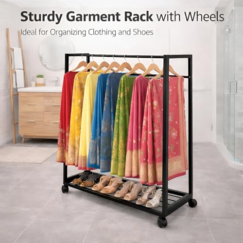 Image of DIVYA Heavy-Duty Metal Garment Rack with Bottom Storage Shelf Freestanding Clothes Stand for Bedroom, Entryway, Living Room Black