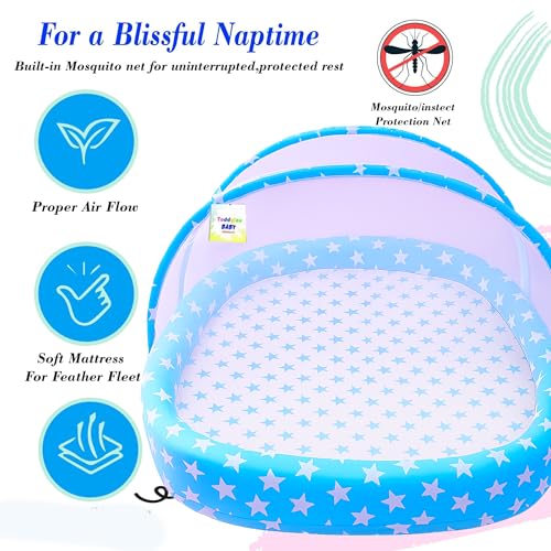 Image of Toddylon Flat Bed Baby Bed Bedding Set for New Born Baby | Bed Mattress | Mosquito Net | Cotton | Travel Bed | Essentials | Toddlers | Infants | Baby Boy Girl (0-12 Months) Blue