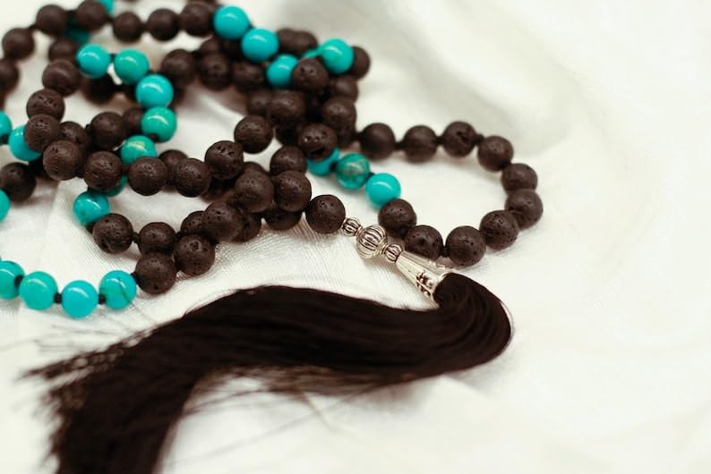 Cuentas Mala de piedra turquesa y lava, collar 108 Mala, nudo, collar WWG, joyería de yoga, cuentas de meditación, joyería espiritual, joyería bohemia, 34inch, Gema