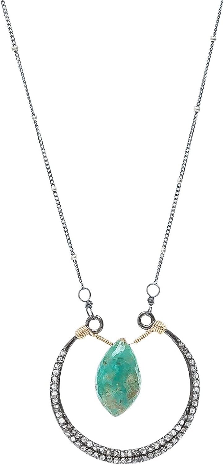 Turquoise Pave Diamond Gemstone Crescent Moon Pendant Necklace- Mixed Metal- December Birthstone Birthday- Women's Jewelry- Gift Idea - Image 3
