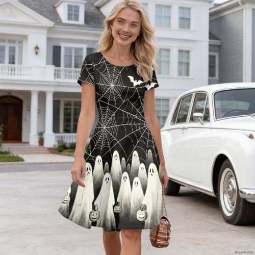 Image of HUGS IDEA Womens Puffy Swing Midi Dress Round Neck Short Sleeve Party A-Line Dresses
