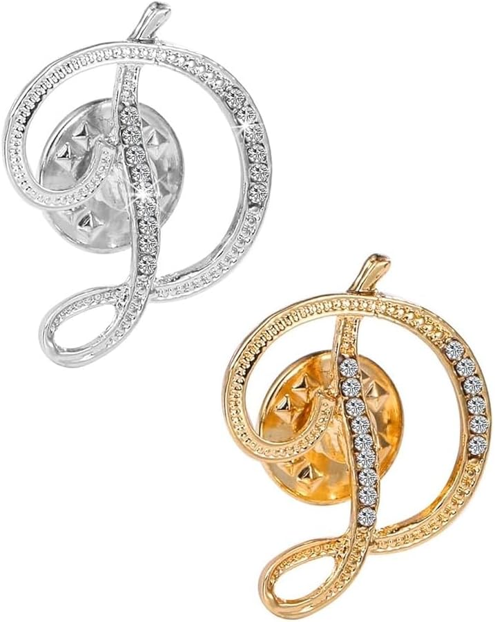 Initial Letter Brooch Pin 26 Letters Small Lapel Pin - Clear Crystal Rhinestone Tie Tack Name Personalized Breastpin for Women Pack of 2 Gold and Silver