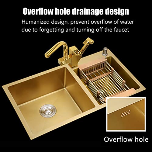 Gold Kitchen Sink, Double Bowl Bar Sink, 304 Stainless Steel Nano-Coated, With Gold Sink Stopper And Drain Strainer, Drop-In Or Undermount, 29.5” X15.7” #TOP6
