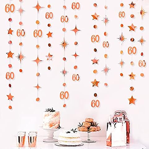 pinkblume Rose Gold 60th Birthday Decorations Number 60 Circle Dot Star Garland Metallic Hanging Streamer Bunting Banner Backdrop 60 Year Old Happy Birthday 60th Anniversary Sixty Party Supplies Cover
