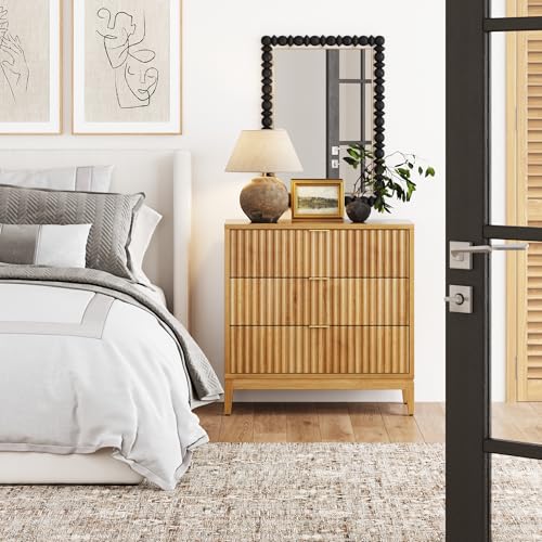 Image of Nathan James Jasper Mid Century Modern 3-Drawer Dresser with Solid Wood Frame, Fluted Dresser for Nursery or Small Drawer for Bedroom, Warm Pine