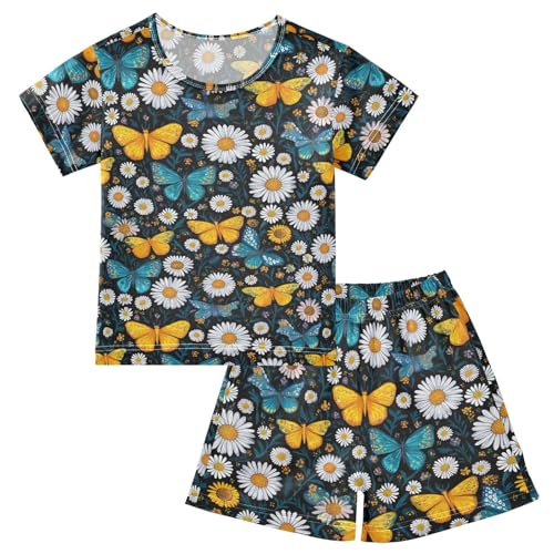 Pajama Sets Butterflies Daisies Pattern Short Sleeve Summer Sleepwear 2 Piece Pjs