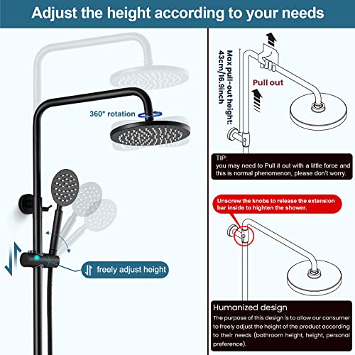 Midanya Matte Black Outdoor Shower Fixture Set Sus304 Stainless Steel Wall Mount Showe Fixture System 8 Inch Rain Shower Single Handle Shower Faucet With Round Hand Sprayer Adjustable Slide Bar #TOP4