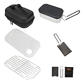 NiuLumea Juego de utensilios de cocina de camping de 5 piezas: fiambrera de aleación de aluminio, placa de parrilla de hierro con revestimiento de