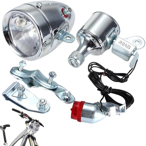 Jorzer Dynamo Bike Light Set 12V 6W Retro Waterproof Modification Motorized Bike Lights Front and Back for Night Riding, Silver.