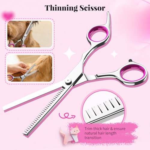 Pawaboo Hundepflege Schere Set, 5 Stück Professionelle Hundesalon Schere Kämmen Fellschere mit Runder Sicherheitspitze für Haustiere Hunde Katze Effilierschere Haarpflege Fellpflege Schneiden - Rosa