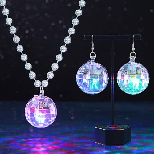 Sixexey Light Up Disco Ball Necklace Set LED Disco Necklace Birthday Dance Party Favors Necklace Accessories for Women