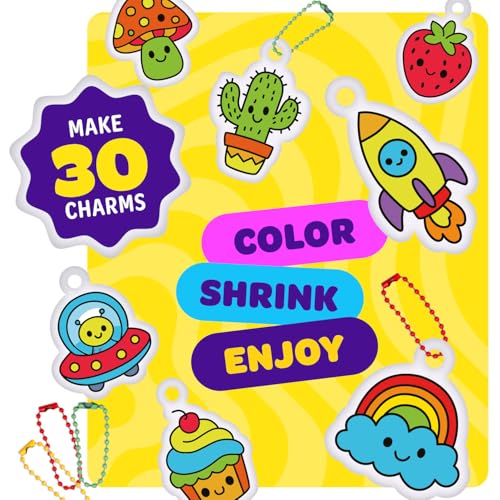 Dan&Darci Shrink Art Craft Kit for Girls and Boys Ages 6-12 - Shrink Magic Charm Making Kit with 30 Pre-Cut Shrink Plastic Templates - Kids Craft Birthday Gift for 7 8 9 10 Year Olds