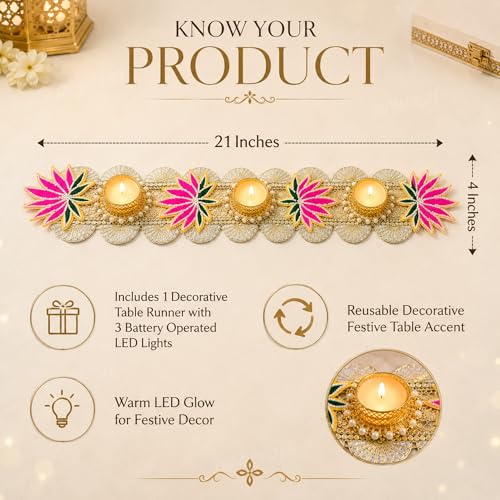 Image of Divyakosh Lace Handmade Item for Home Decoration 21 Inch Pink Lotus Table Runner with LED T-Light, Decorative Lotus Flower Table Decor for Home |Festive -Diwali Decoration|