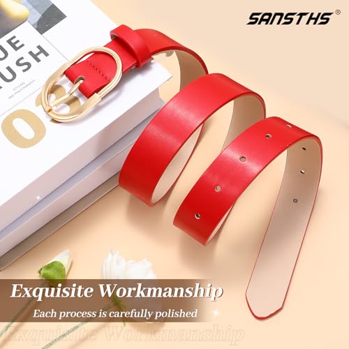 SANSTHS Women Faux Leather Chic Belts for Jeans Pants Fashion Ladies Belt Solid Color with Gold Curved Pin Buckle