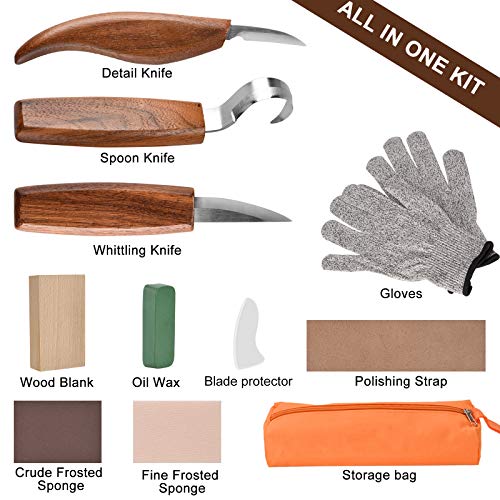 Wood Carving Tools, 11 in 1 Wood Carving Kit with Carving Hook Knife, Wood Whittling Knife, Chip Carving Knife, Gloves, Carving Knife Sharpener for Spoon, Bowl, Kuksa Cup, Beginners Woodworking