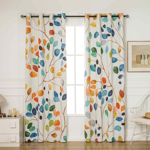 Emwnodti Boho Watercolor Leaf Floral Blackout Curtains, Colorful Bohemian Print