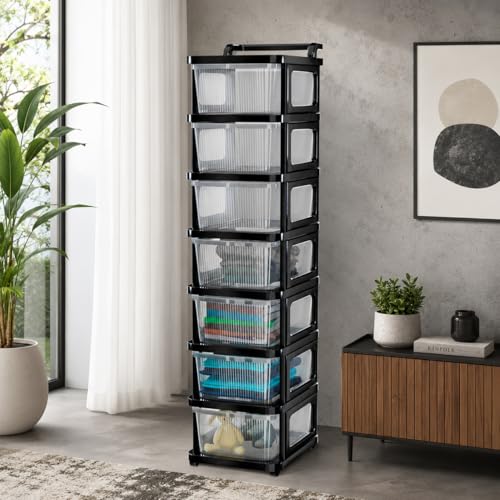 Image of URBAN LUXY Plastic Storage Drawer Organizer with Wheels | Multi-Purpose Chest of Drawers for Home, Office & Bedroom | Clothes, Toys & Stationery Organizer (Transparent Black, 7 Layer)