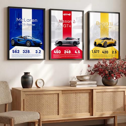 Image of walllane Big Nissan, McLaren, Bugatti Cars Framed Posters Gift Items for Boys Room Wall Decoration Bedroom Living Room Office Studio Decor | Car Poster Frame for Wall Decor Set Of 3 Size (10x13 inch)