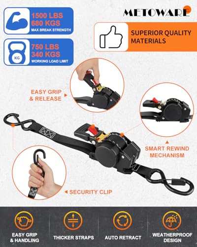 Image of METOWARE Retractable Ratchet Straps (2-Pack) - 1 in x 10 Ft (1500lb Break Strength) - Heavy Duty Auto Self Retracting Tie Down Straps for Truck, Trailer, Cargo Van, Motorcycle - Black
