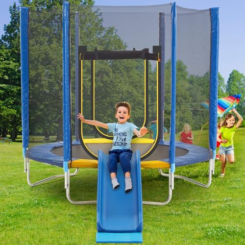 APTILTON 7FT Trampoline with Slide Safety Enclosure Net Jumping Mat Safety Pad and Ladder Kids Hexagonal Trampoline for Indoor & Outdoor Use for Toddlers and Children