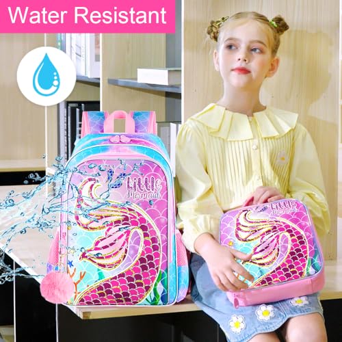 Image of AGSDON 3PCS Kids Backpacks for Girls, 16 inch Little Kid Mermaid Backpack Preschool School Bookbag and Lunch Box