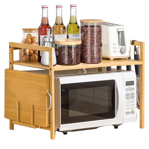 Eumatenova Soporte Microondas de Madera, Estante para Horno de Microondas, Estante Ajustable, Rejilla para encimera de Cocina Organizador Estanteria Mueble con 4 Ganchos (2 Niveles)