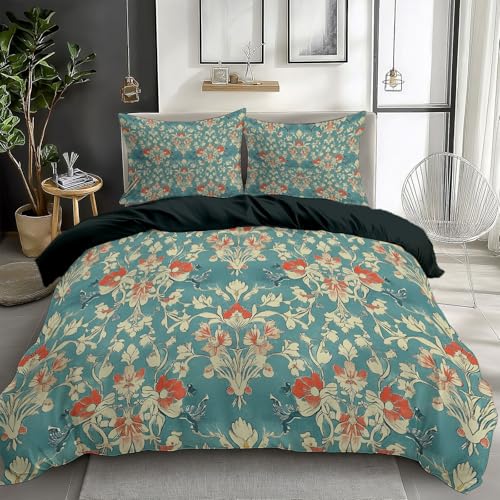 Parure de lit 2 personnes bleu en microfibre coton motif rétro floral chic - 3