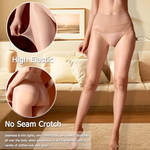 Image of HTRUIYA Shiny Seamless Pantyhose for Women Control Top Sheer Tights High Waist Pantyhose Invisible Stockings Hosiery
