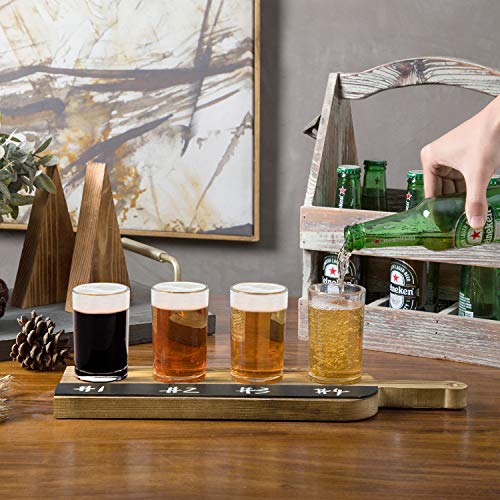 Mygift Beer Flight Tasting Serving Set, Rustic Burnt Wood Beer Sampler Paddle Board With 4 Glasses And Chalkboard Labels #TOP2