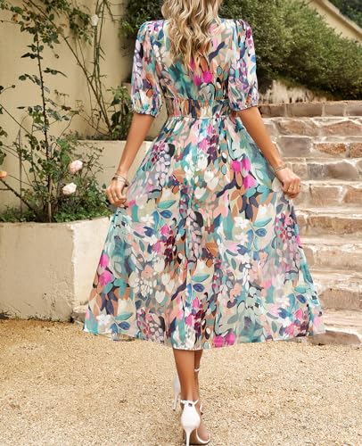 Image of UONBOX Women's V Neck Floral Dress Summer 2025 Trendy Pleated Boho Flowy Puff Sleeve Maxi Dress