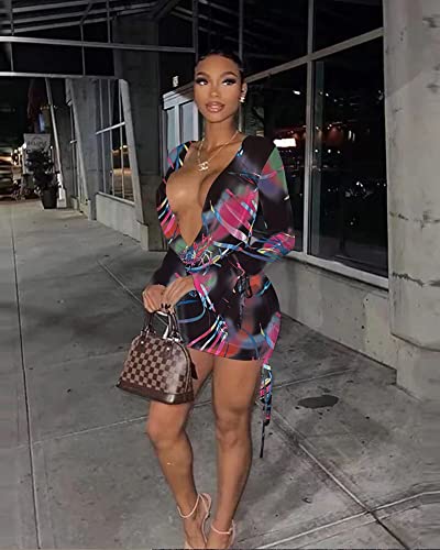 Image of Women's Sexy Long Sleeve Two 2 Pieces Outfits Sheer Mesh Mini Dress Skirt Set Top V Neck Backless Ruched Bodycon Cover Up