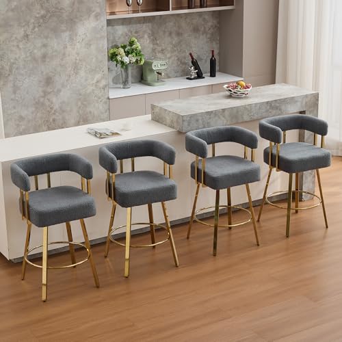 Image of YITAI 27 inch H Counter Height Bar Chairs Set of 4, Modern Barrel Counter Bar Stools with Backrest and Arms, Gold Metal Legs, Teddy Velvet Upholstered Accent Barstools for Kitchen Island, Gray