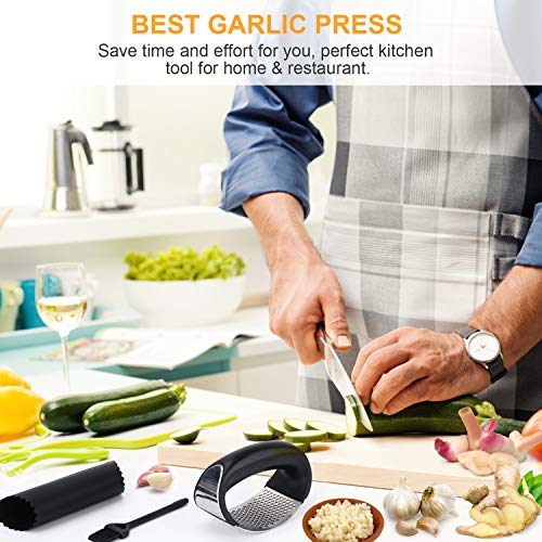PSISO Garlic Press Rocker, Premium Garlic Press Stainless Steel, Garlic Crusher with Silicone Garlic Peeler/Cleaning Brush, Easy Operate and clean Kitchen Gadget (2020)