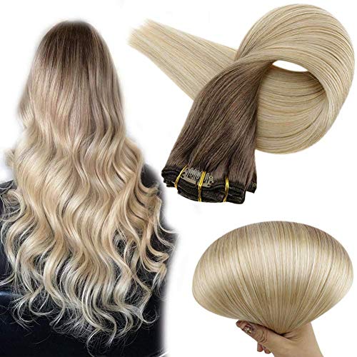 Full Shine Clip in Hair Extensions 24 Inch Color Chestnut Brown Green Mix with 613 Blonde Clip in Straight Hair Extensions 7 Pieces 100 Gram Clip in Real Hair Extensions