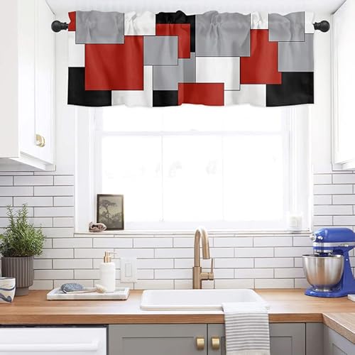 Anzona Irregular Geo Curtain Valance 54" X 18", Block Window Valances Rod Pocket Curtains Drapes, White Grey Black Red Abstract Geometric Short Topper Curtain For Kitchen Cafe Living Room, 1 Panel #TOP5