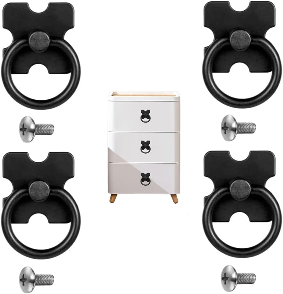 Azonee Drawer Handles and Ring Pull, 4 Pcs Decorative Furniture Door Drawer Handles and Ring Pull with Screws for Cabinet Wardrobe Cupboard Dresser, Black