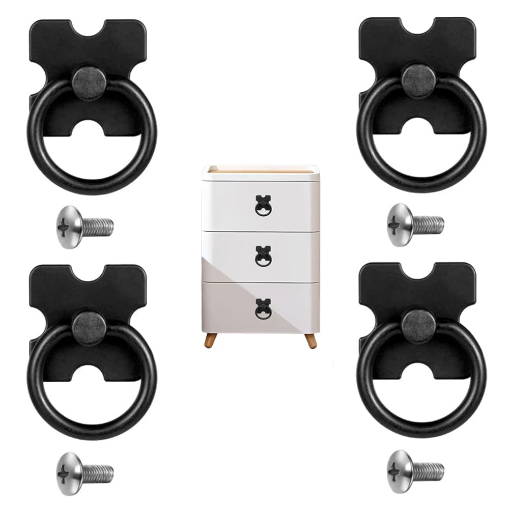 Azonee Drawer Handles and Ring Pull, 4 Pcs Decorative Furniture Door Drawer Handles and Ring Pull with Screws for Cabinet Wardrobe Cupboard Dresser, Black